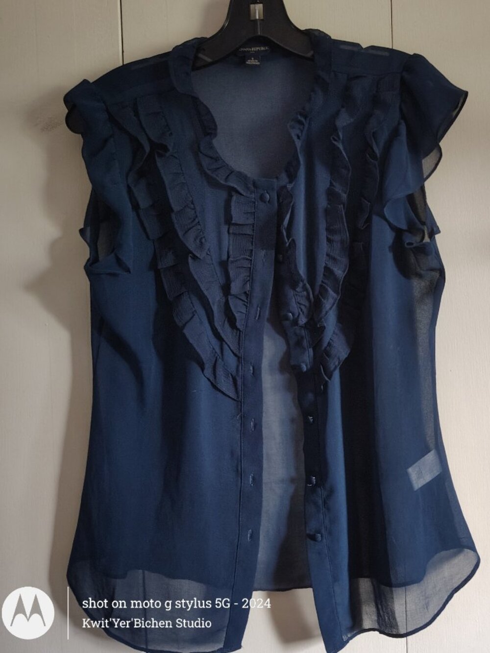 Banana Republic Navy Blue Ruffle Front Sheer Blouse SM